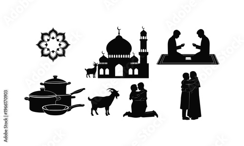 Muslim Iftar eid celebration mosque prayer family vector silhouette