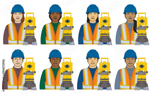 diversity, race, ethnicity of surveyor vector icons, male and female, wearing hard hat and safety vest, including a theodolite, isolated on a white background