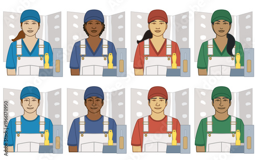 diversity, race, ethnicity of drywall installer vector icons, male and female, wearing overalls, including scraper and trowel tools, isolated on a white background