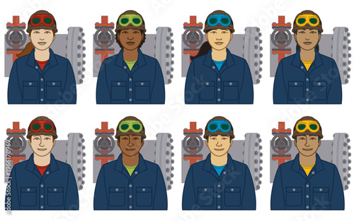 diversity, race, ethnicity of boilermaker vector icons, male and female, wearing hard hat and coveralls, including heavy-metal boiler, isolated on a white background