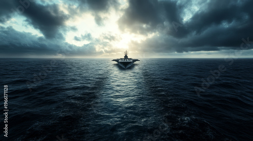 Aircraft carrier sailing through rough seas under dramatic stormy skies