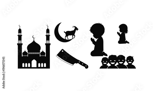 Sacrifice holiday concept with cleaver and goat silhouette vector illustration religious