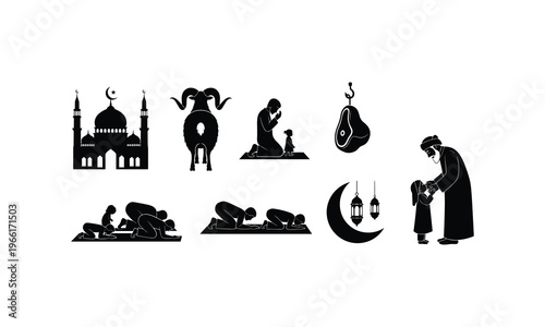 Traditional islamic prayer and mosque vector scene showing family worship and silhouette art