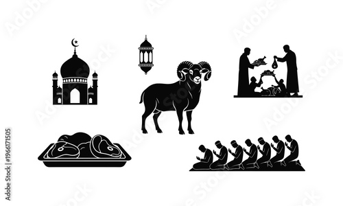 Sacrificial ram and muslim prayer silhouette vector for eid al adha festival illustration