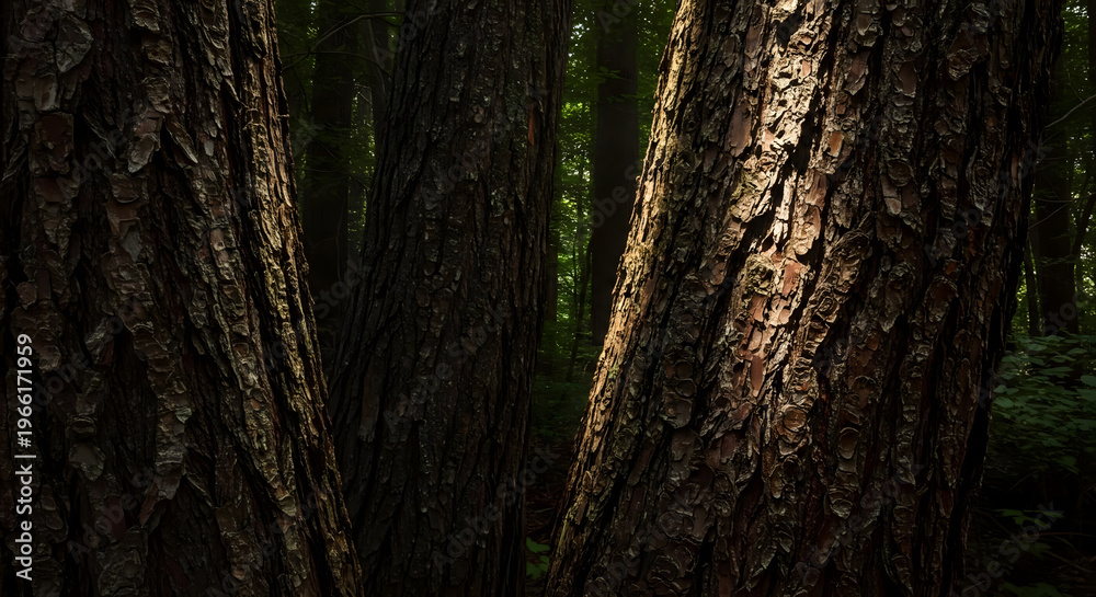 Obraz premium Trees stand tall in a dense forest during morning light with beams shining through the leaves and branches