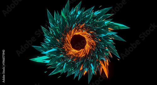 Spiral design made of sharp shapes in green and orange colors set against a black background