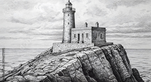 Lighthouse stands on rocky shore with waves crashing beneath gray clouds