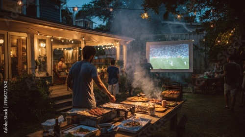 Outdoor backyard barbecue party with friends watching a soccer game on a projector screen