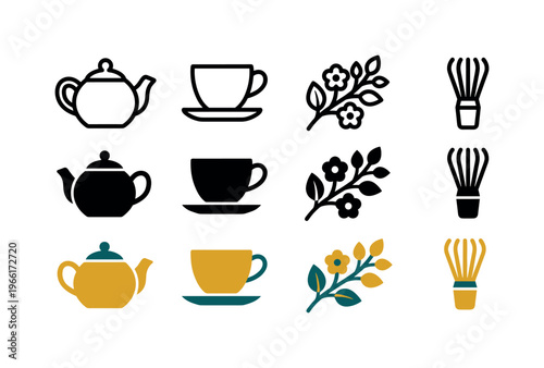Collection of stylized icons representing tea ceremony elements and floral motifs