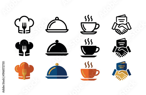 Collection of restaurant and hospitality service icons including chef hats, cloches, and coffee cups