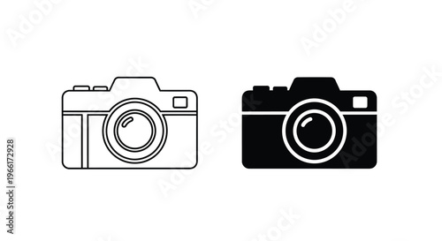 A classic camera outline paired with its solid black counterpart represents photography equipment and visual media capture technology.