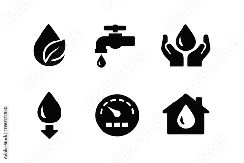 Water Conservation Utility solid black icon set vector illustration