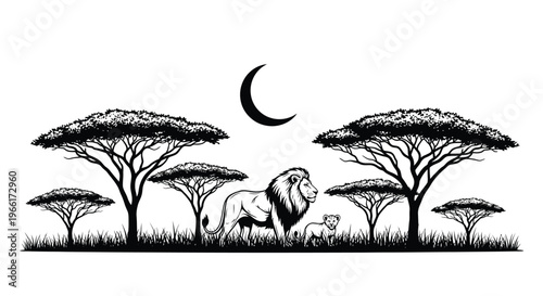 The scene displays a proud male lion standing beside its small cub under several acacia trees with a crescent moon overhead.