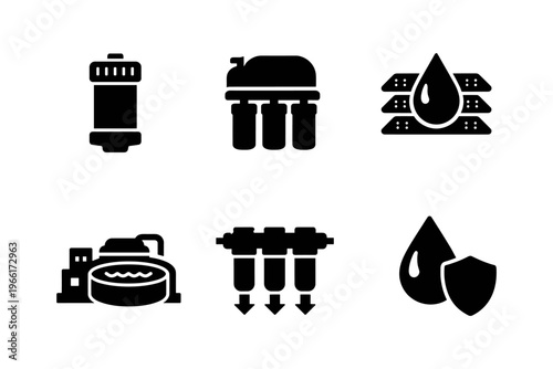 Water Filter System solid black icon set vector illustration