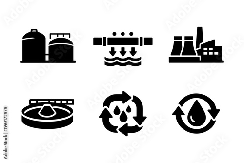 Water Treatment System solid black icon set vector illustration