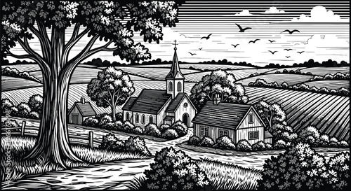 The black and white engraving depicts a quaint village scene featuring a central church surrounded by rolling farmlands under a sky filled with soaring birds.