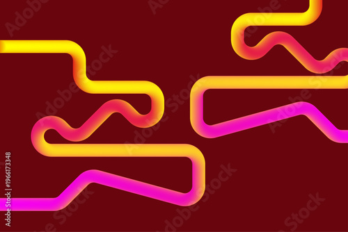 Vibrant neon gradient 3d lines winding across a dark red background in an abstract pattern. Vector