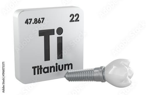 Titanium periodic table tile with dental implant. 3D rendering