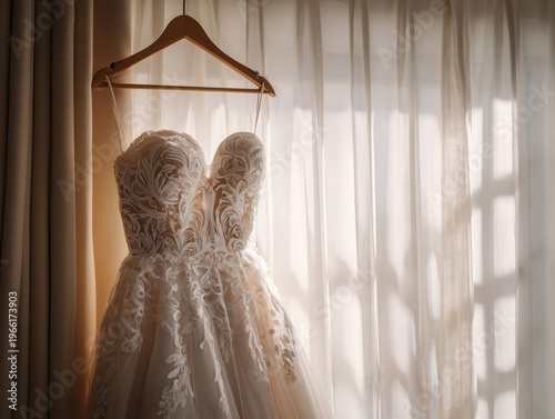 Elegant Wedding Dress Hanging by a Window With Sheer Curtains in Soft Daylight