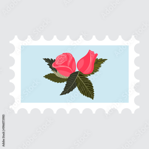 A postage stamp depicting a composition of a bright pink rose, bud, and leaves. Vector illustration isolated on a gray background.