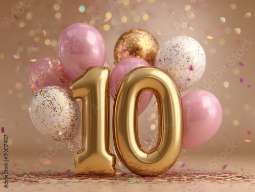 Celebration of a Special Milestone With Balloons and a Large Number Ten