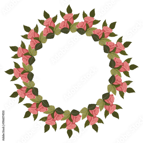 A wreath of elegant, sweet dusty pink roses for your design. Vector illustration isolated on a white background.
