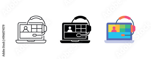 Set of icons representing virtual communication and online meetings on laptops