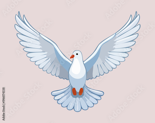 Peaceful white dove flying with outstretched wings representing love harmony and global peace for wedding invitations and spiritual graphic design elements
