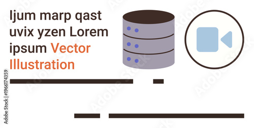 Data management, cloud storage, multimedia, video recording, technology services, digital systems. Database structure and video camera icon. Data management and cloud storage