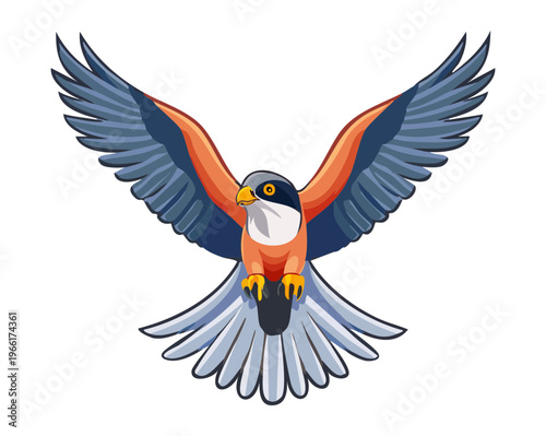 Small hawk or falcon in flight with sharp wings and focused gaze representing agility and precision in nature for sports team logos and emblems