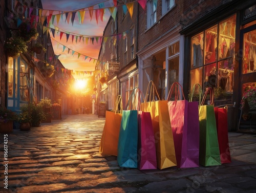 Colorful Bags Lined up on a Cobblestone Street at Sunset in a Market Town