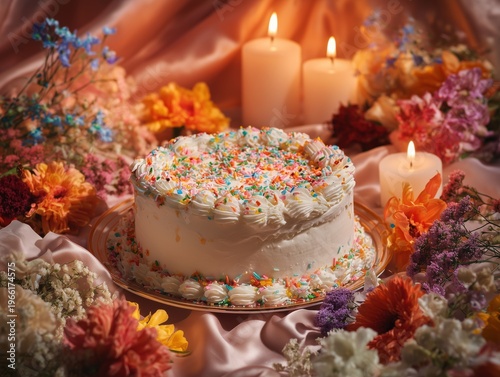 Celebration Cake Surrounded by Flowers and Candles in a Warm Setting