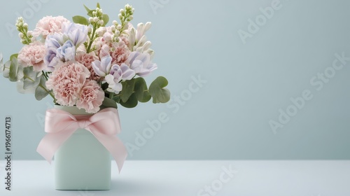 Bright Flowers in a Pastel Vase on a Light Background Showcasing Floral Arran...