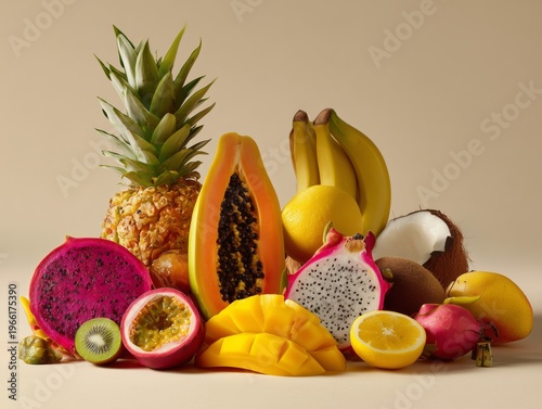 Colorful Fruit Display on a Light Background With Various Tropical Fruits Arr...