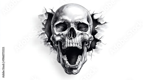 A detailed black and white illustration of a skull bursting through a torn surface.