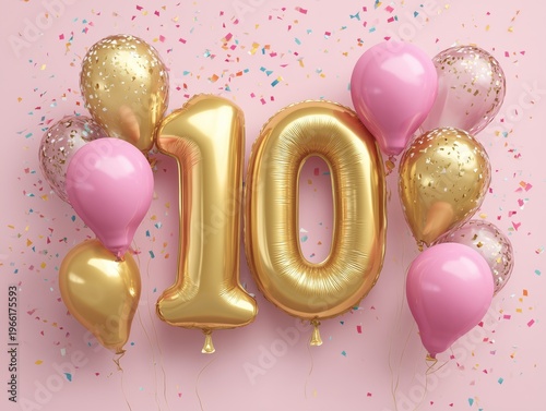 Celebration of Ten Years Marked by Gold Balloons and Colorful Confetti at a F...