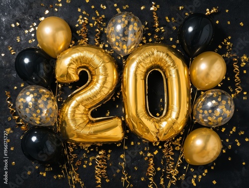 Balloons With the Number 20 Are Surrounded by Black and Gold Balloons and Con...