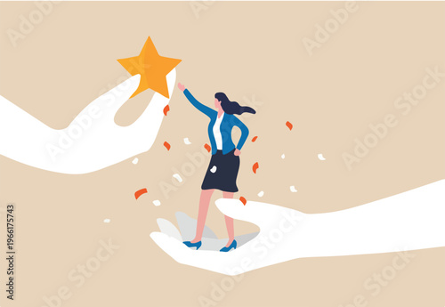 Employee success recognition, encourage and motivate best performance, cheering or honor on success or achievement concept, winning confidence businesswoman standing on big hand getting star