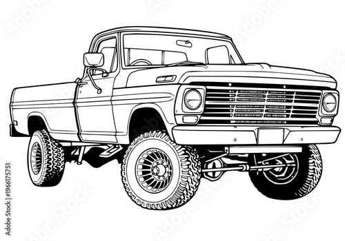 Classic Vintage Pickup Truck 4x4 Off-Road Line Art Illustration