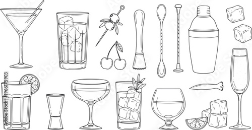 Hand Drawn Cocktail Recipes and Bartender Tools Doodle Set