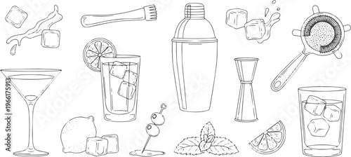 Hand Drawn Cocktail and Mixology Bar Tools Doodle Set