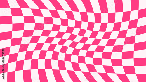 Psychedelic checkerboard neon pink pattern. Y2k chessboard optical illusion background. Surreal square funky print backdrop