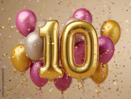 Balloons and Gold Number Ten Float in the Air During Celebration With Confett...