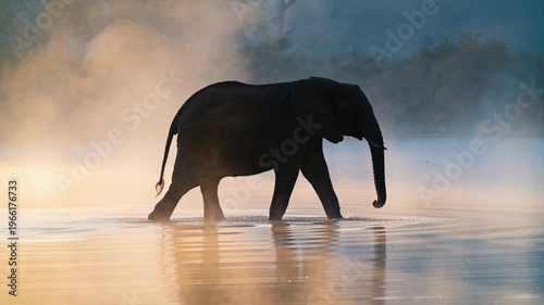 Walking adult elephant lifting foreleg stepping in mist and shallow water at dawn, making ripples