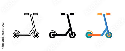 Collection of kick scooter icons in different styles on a white background
