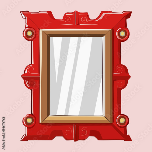 Elegant classic rectangular mirror with red ornate frame and decorative golden accents for luxury home interior decoration asset