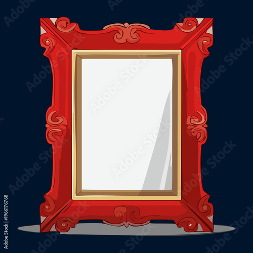 Red vintage ornate wall mirror with unique tall shape and decorative frame design for classy bedroom interior element