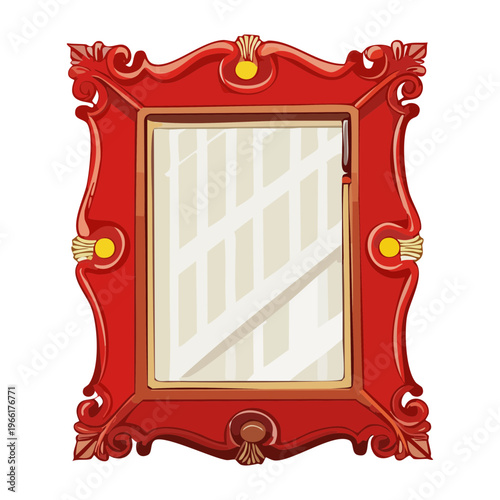 Symmetrical decorative wall mirror with fancy red frame and elegant patterns for home furniture and interior design concept