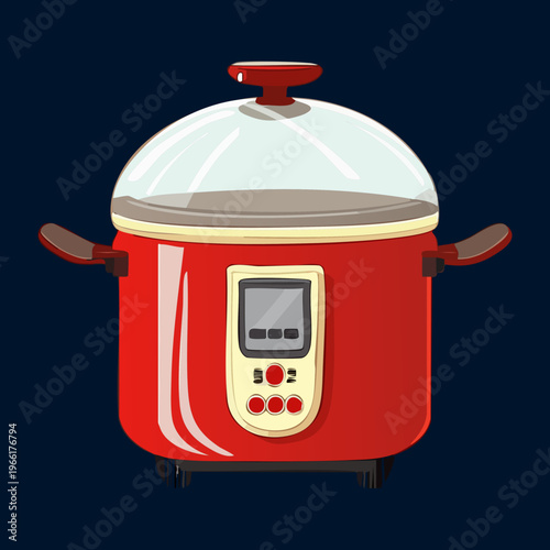 Digital electric pressure cooker with red metallic finish for healthy cooking and kitchen appliance collection in modern house