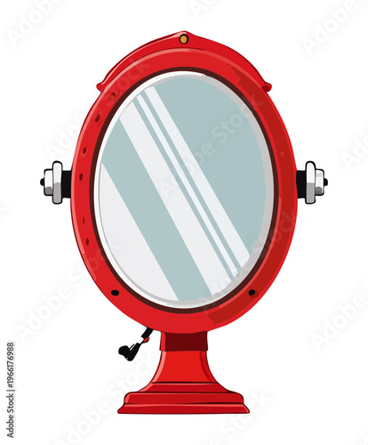 Ornate red oval wall mirror with decorative frame for luxury bedroom and vanity interior furniture set illustration asset